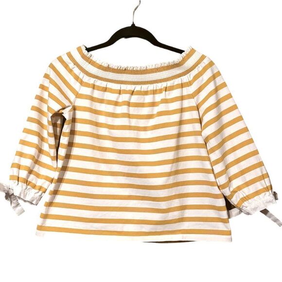 J. Crew Yellow and White Off the Shoulder Striped Cotton Summer Top Size XS 📦 - Picture 3 of 13